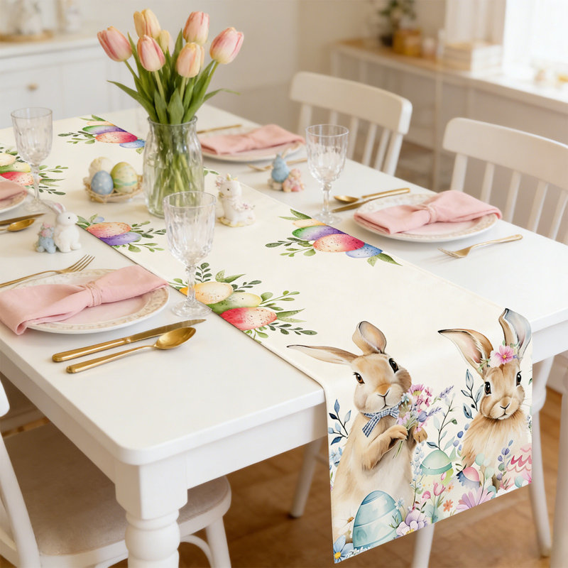 Chemin de table en forme de lapin de Pâques et de fleurs convient aux décorations de fêtes extérieures et intérieures et aux décorations de table de salle à manger pour la cuisine et la maison
