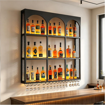 9-Grid French Arched Retro Wine Rack Wall Mounted (Black, 47.2in/120cm) | 3-Tier Modern LED Liquor Shelf Wall Mounted with with Glass Holder, Floating