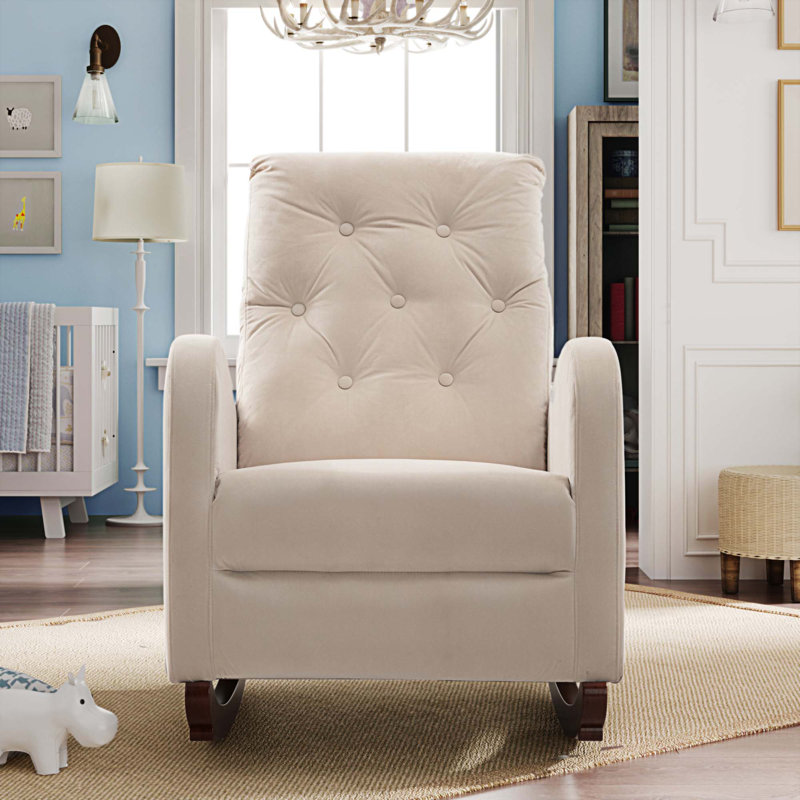 Fauteuil berçant à haut dossier Chrisann, Velours beige
