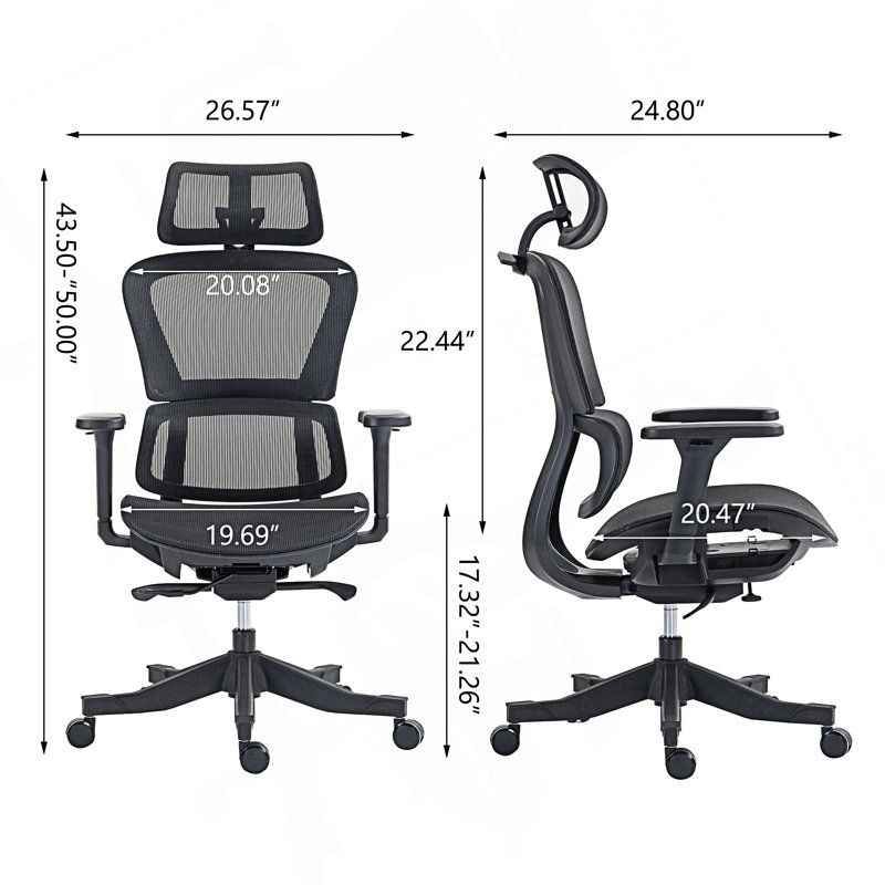 Chaise de bureau ergonomique en filet à haut dossier, Noir, Noir