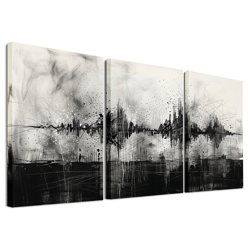 "Black and White", encre noire et blanche, ensemble de 3 toiles abstraites, 36"H x 24"W x 3pcs