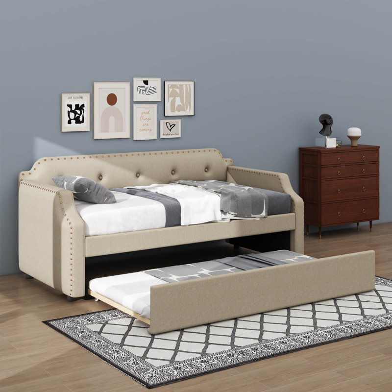 Lit de jour simple recouvert de tissu avec couchette coulissante, Beige
