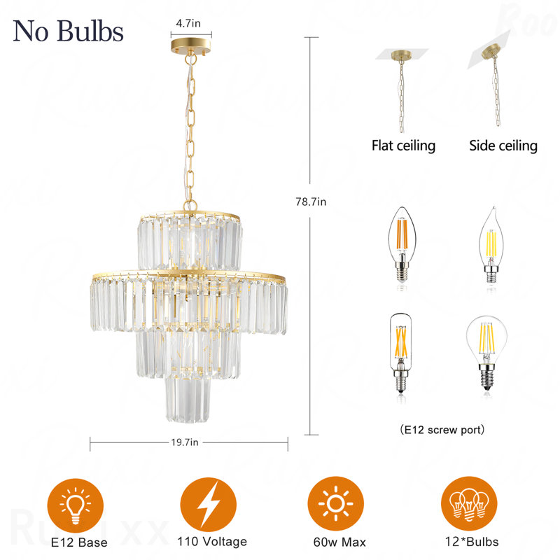 Plafonnier - lustre en cristal de luxe à 4 niveaux 20 po, cadre doré à 12 lumières