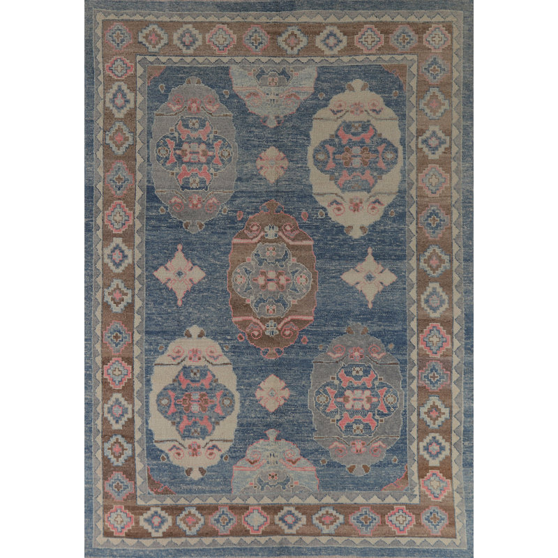 Tapis géométrique bleu Oushak 8 x 11