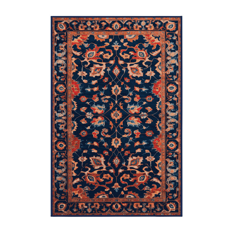 Tapis bleu Tabriz lavable à la machine, Rectangle 7 pi x 9 pi