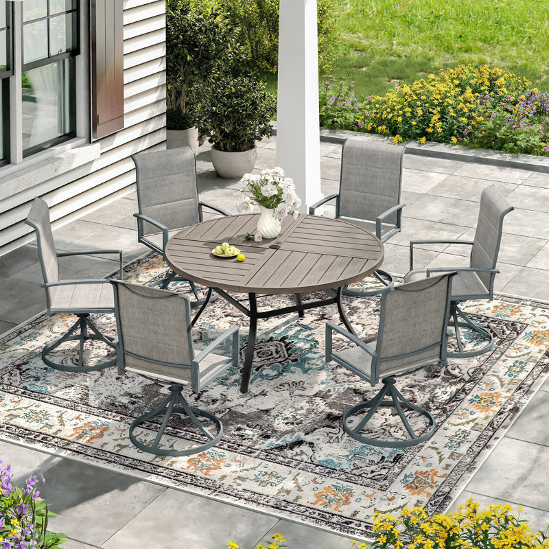 6-Person Outdoor Round Dining Set With Padded Swivel Chair, Gray Woodlike