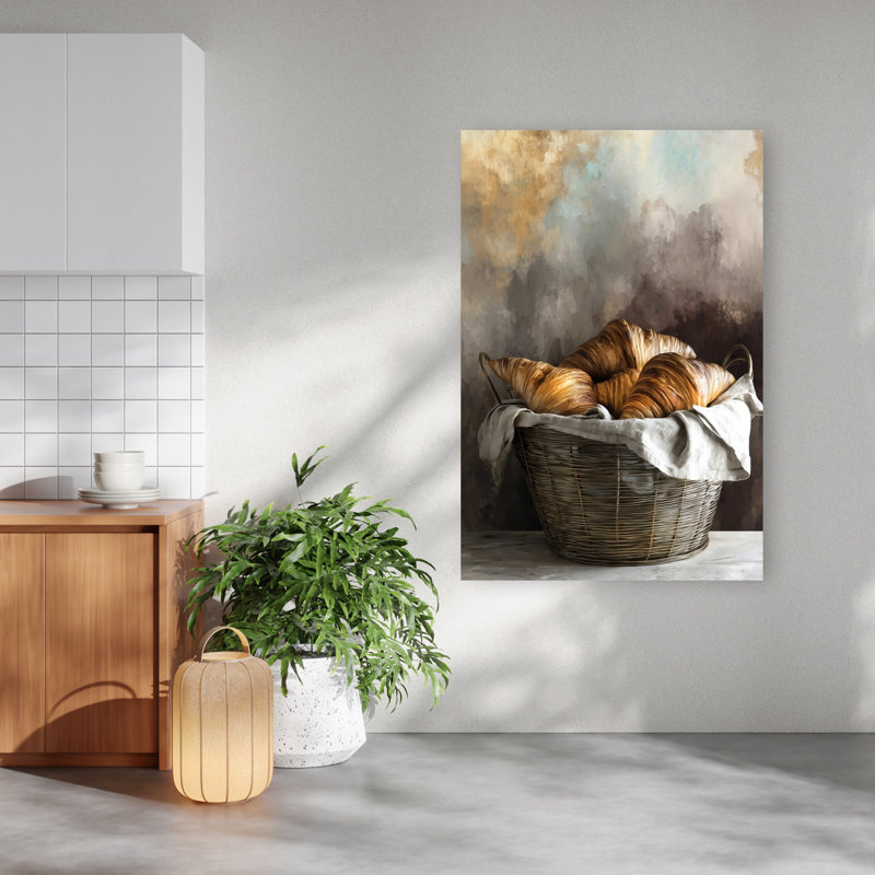 «Golden Croissants Basket», art mural rustique, H 60 po x l 40 po