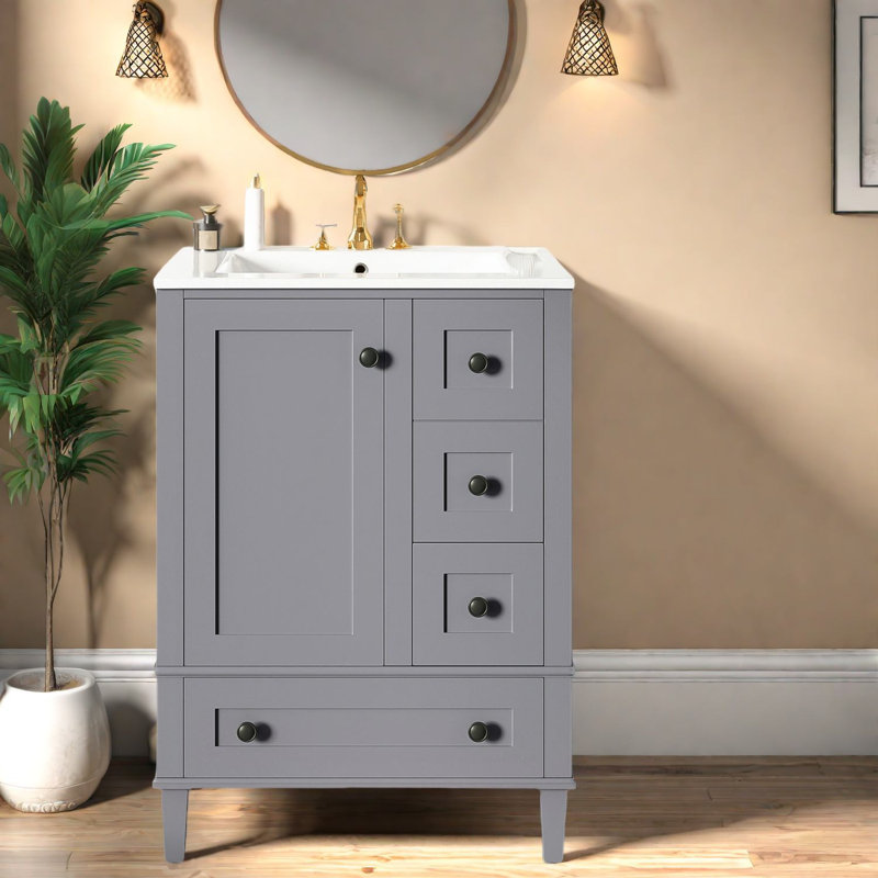 Meuble-lavabo en bois gris 24 po avec évier en céramique de style moderne