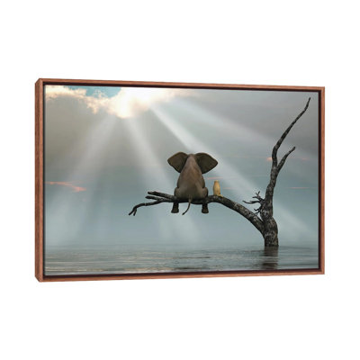 Elephant And Dog Are Sitting On A Tree Fleeing A Flood by Mike Kiev - Painting