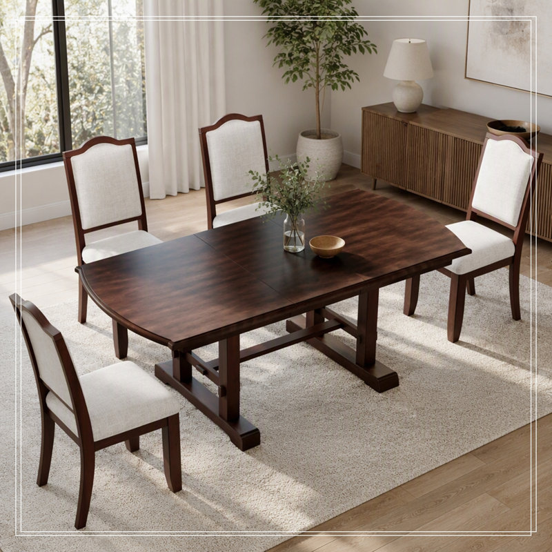 5 pièces en bois extensible avec rallonge amovible et 4 chaises rembourrées, Cerisier