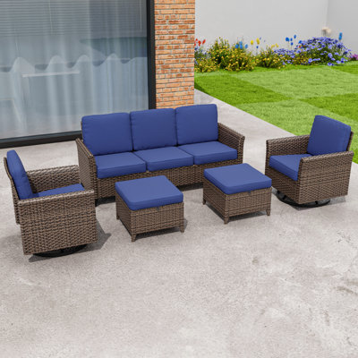 5-Piece Patio Outdoor All-Weather Brown Wicker Conversation Set Curved Arm Swivel Glider, 3-Seat Sofa, Ottomans