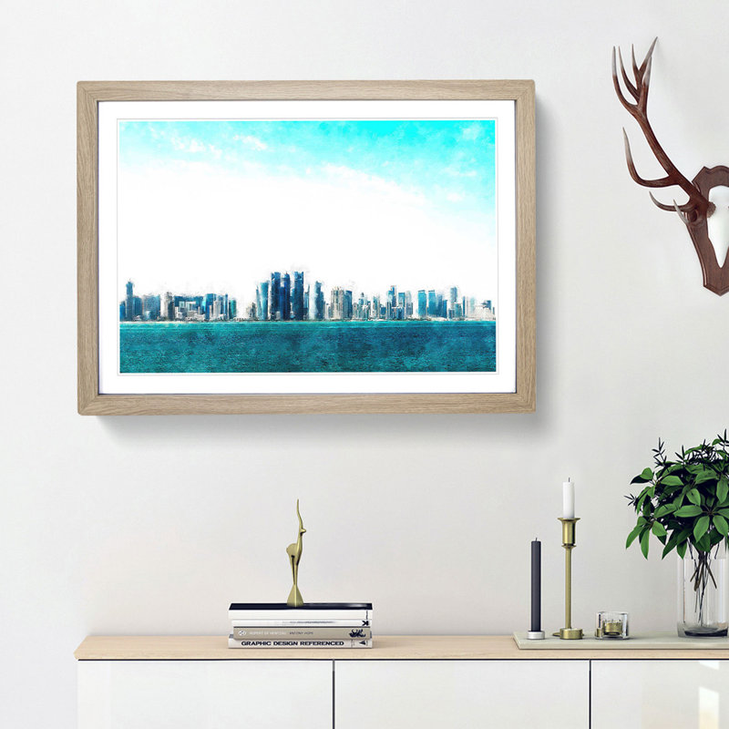 Skyline of Doha in Qatar - Picture Frame Painting Print, 45cm H x 63cm W x 2cm D, Oak Framed