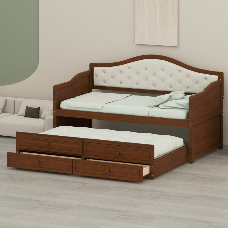 Upholstered Button-Tufted Daybed with Pull-Out Trundle and Storage Drawers, Walnut