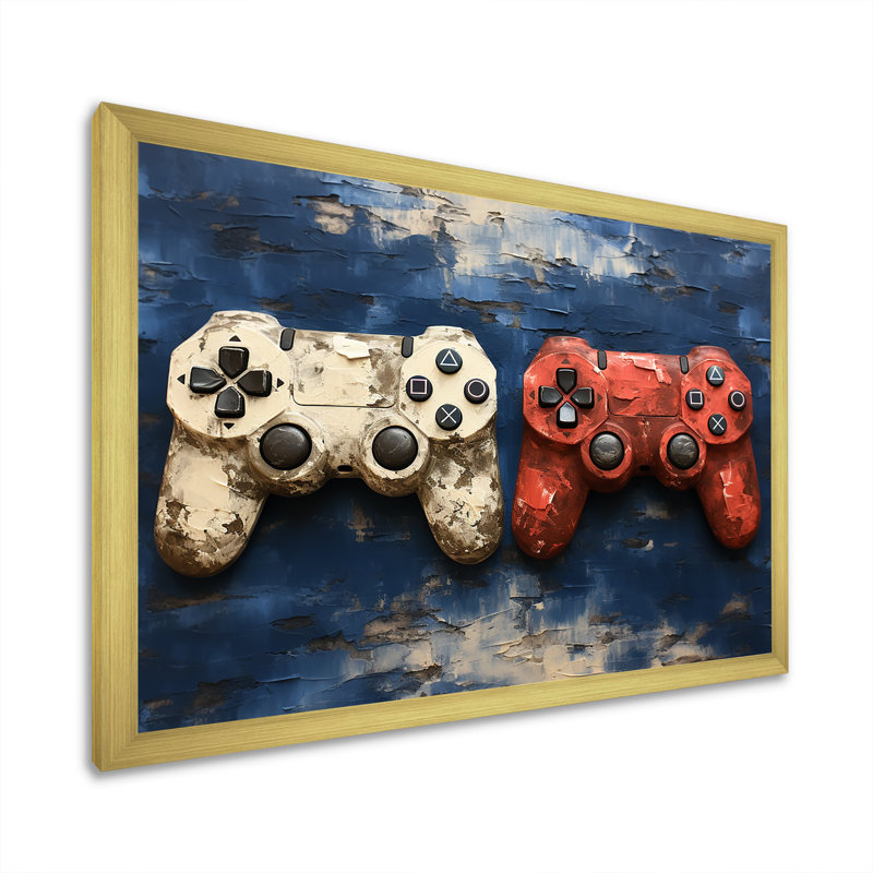 White and Red Ps Video Game Controllers - Art mural de jeux vidéo, Cadre doré à coins fermés, H 16 po x l 32 po x P 1 po