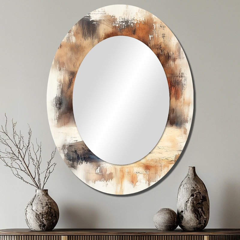 Poterie d'art rouge et noir - Miroir décoratif géométrique ovale sur métal, 40 po x 30 po