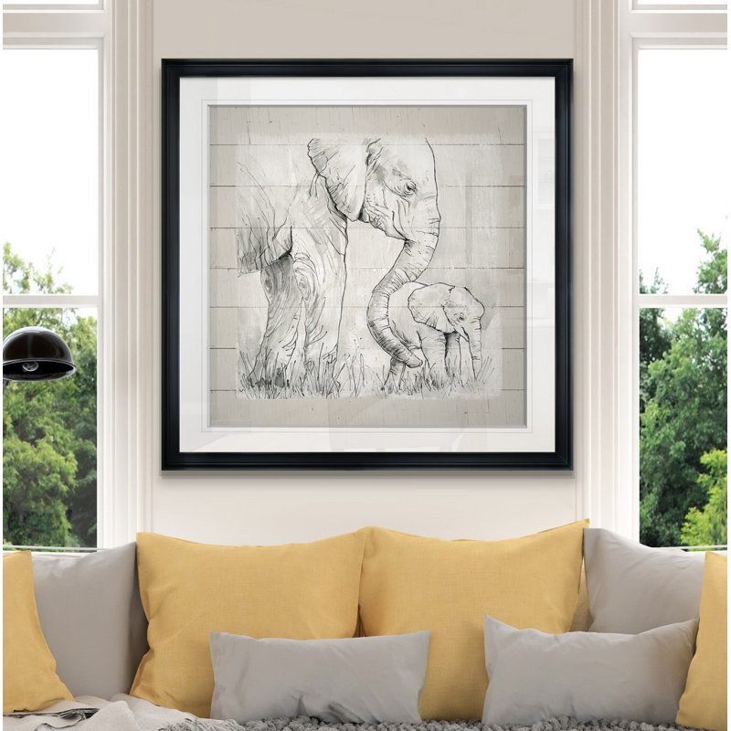 «Sketchy Mother and Baby Elephant», peinture, H 24 po x l 24 po x P 1,5 po, Cadre noir