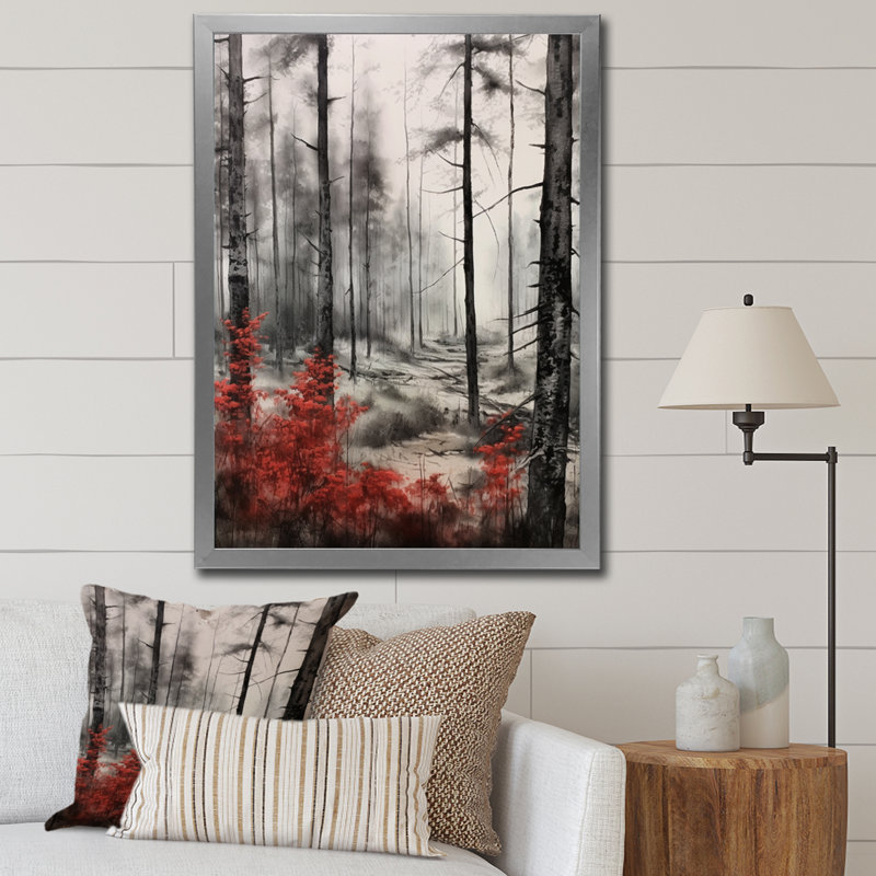 " Red And Grey Mystic Woods I ", Silver Single Picture Framed, 32" H x 16" W x 1" D