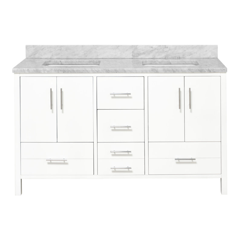 Ensemble de meuble-lavabo double 60 po Kiara, Blanc, Marbre de Carrare