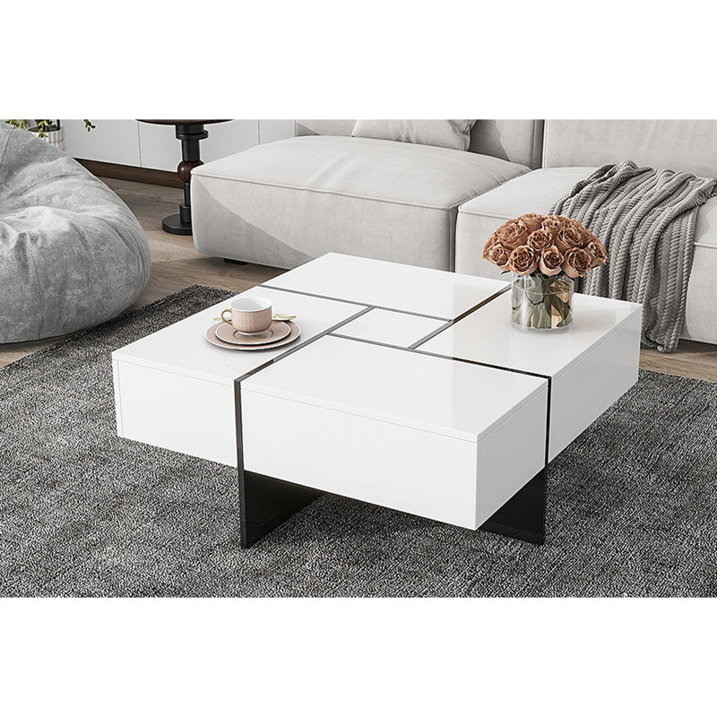 Table basse de conception unique avec 4 compartiments de rangement cachés, table de cocktail carrée avec plateau coulissant extensible, table centrale ultra brillante pour le salon de 31,5 po x 31,5 po