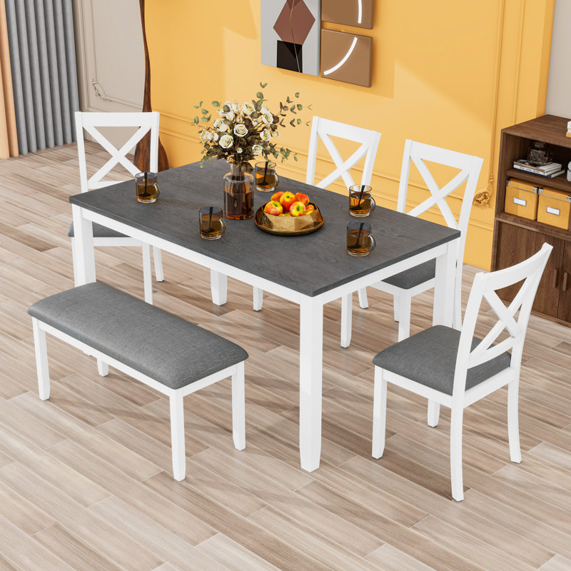 Ensemble de table de salle à manger 6 pièces avec banc et chaises rembourrées, Gris, Blanc / Gris, Blanc