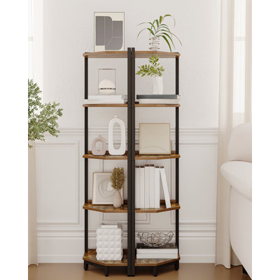 Corner Shelf Stand, Corner Bookshelf, Storage Standing Shelf Unit with Metal Frame, Plant Stand, Corner Bookcase for Living Room, Home Office, Bedroom