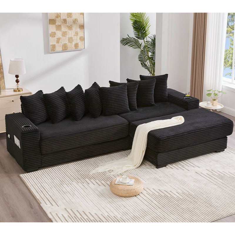 Canapé modulaire en L 110,75 po, canapé modulaire en velours côtelé, avec repose-pieds mobile, porte-gobelets, 8 coussins décoratifs, poche latérale, déplier dans un lit