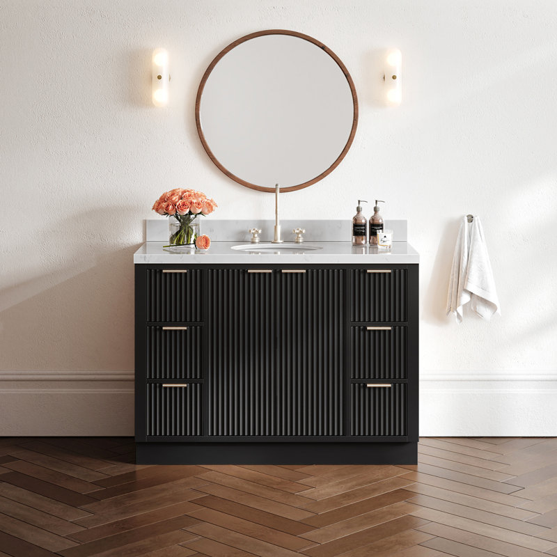 Haun 48'' Solid Wood Single Bathroom Vanity with 1.5'' Carrara Quartz Top in Black, Oval Sink, Black, Oval, 48"