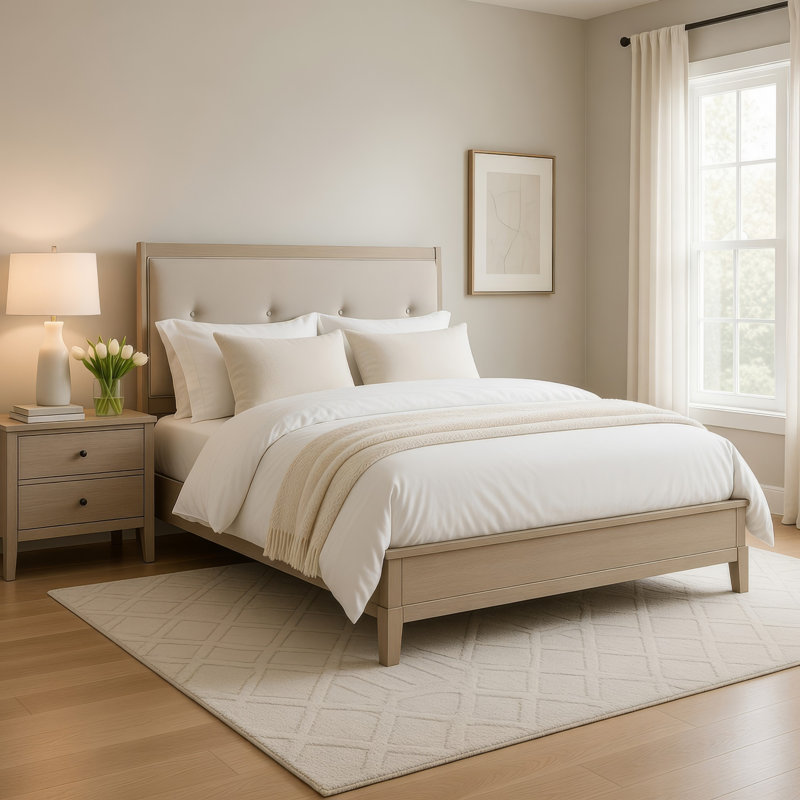 Lit double Hadly, tête de lit capitonnée, revêtement en similicuir de luxe, bois beige, Lit double