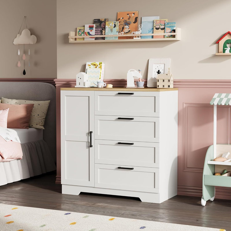 Modern Multifunctional Wood 4 Drawers Dresser with Storage Closet Armoire Wardrobe Closet with Hanging Rod Clothing Storage Cabinets for Bedroom