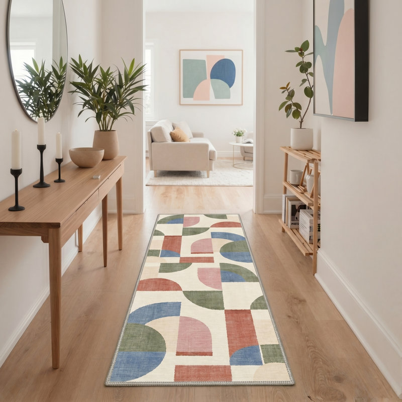 Archeo Geometric Machine Washable Green / Beige / Blue / Red Indoor Area Rug with Non-Slip Backing, Runner 2' x 7'