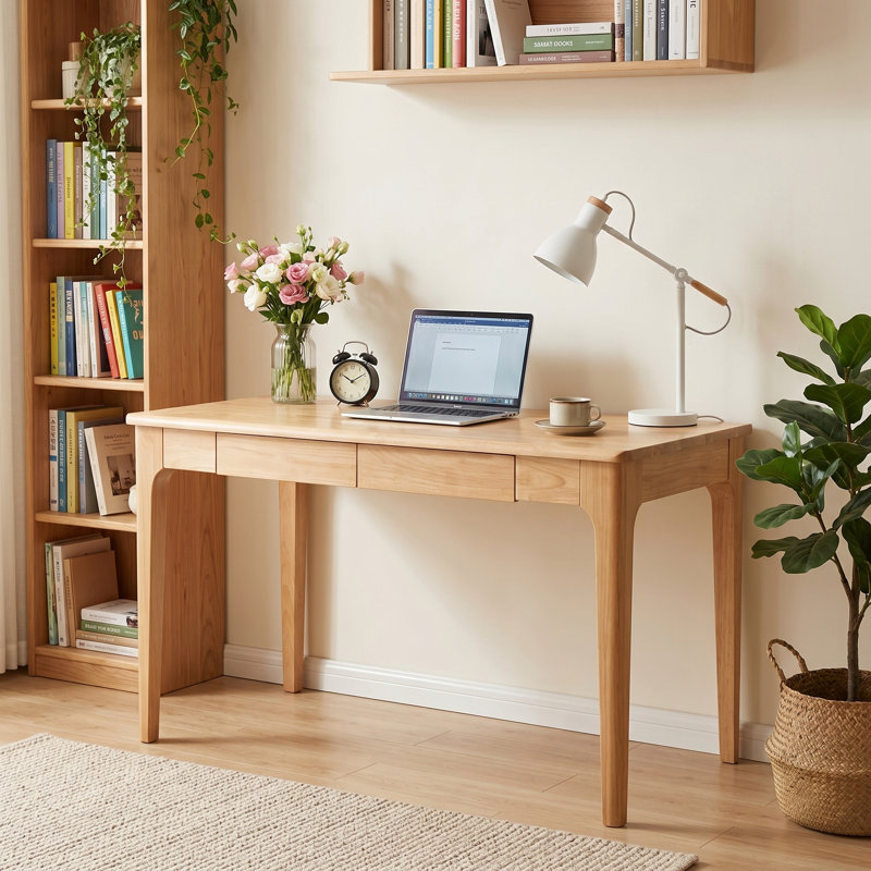 Bureau moderne en bois massif avec tiroirs, bureau à domicile à bords lisses pour petits espaces, bureau de travail pour chambre à coucher