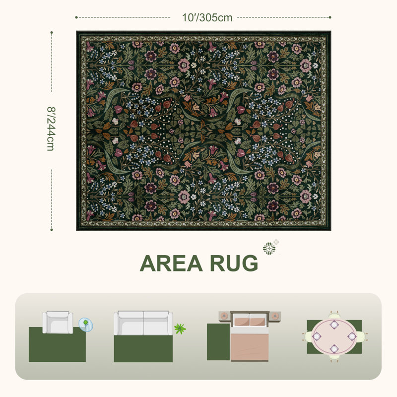 Tapis lavable à motif floral Kaldi, Rectangulaire 8 pi x 10 pi, Vert