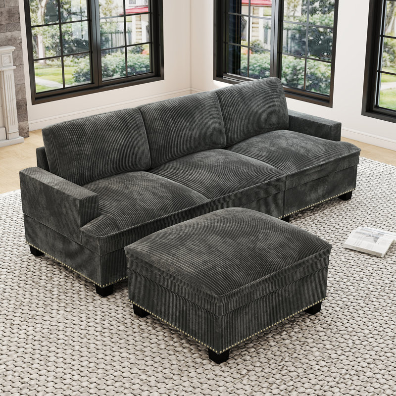4-Piece Modern L-Shaped Corduroy Modular Sectional Sofa, Cloud Couch With Storage Ottoman, Gray Corduroy