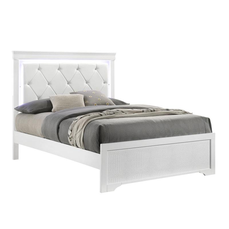 Lit simple blanc avec tête de lit et lumières à DEL intégrées pour la chambre à coucher, Blanc