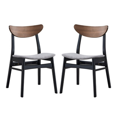 Set Of 2 Linen Upholstered Dining Chairs With Curved Back In Gray And Walnut