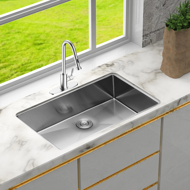 32" X 19" 9" 16 Gauge Undermount Kitchen Sink, Single Bowl Of 304 Stainless Steel, X - Shaped Water Course, Condensation Coating And Noise Reducing Pad 32 Inch Sink In Brushed Nickel, Drain For Easy