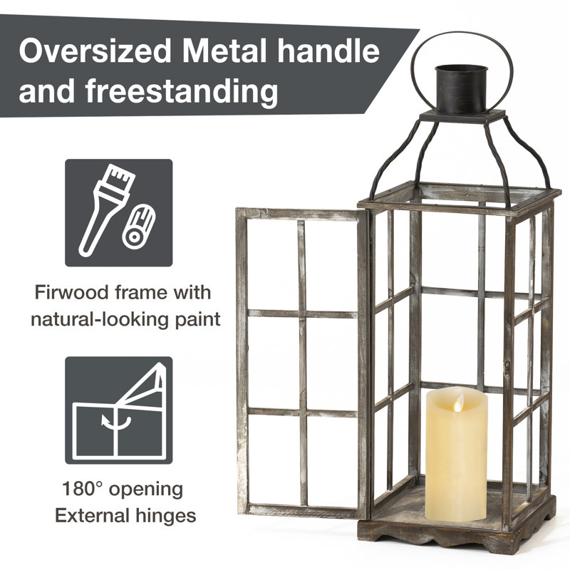 Wood and Metal Tabletop Lantern (Set of 2), Dark , 27.25"H