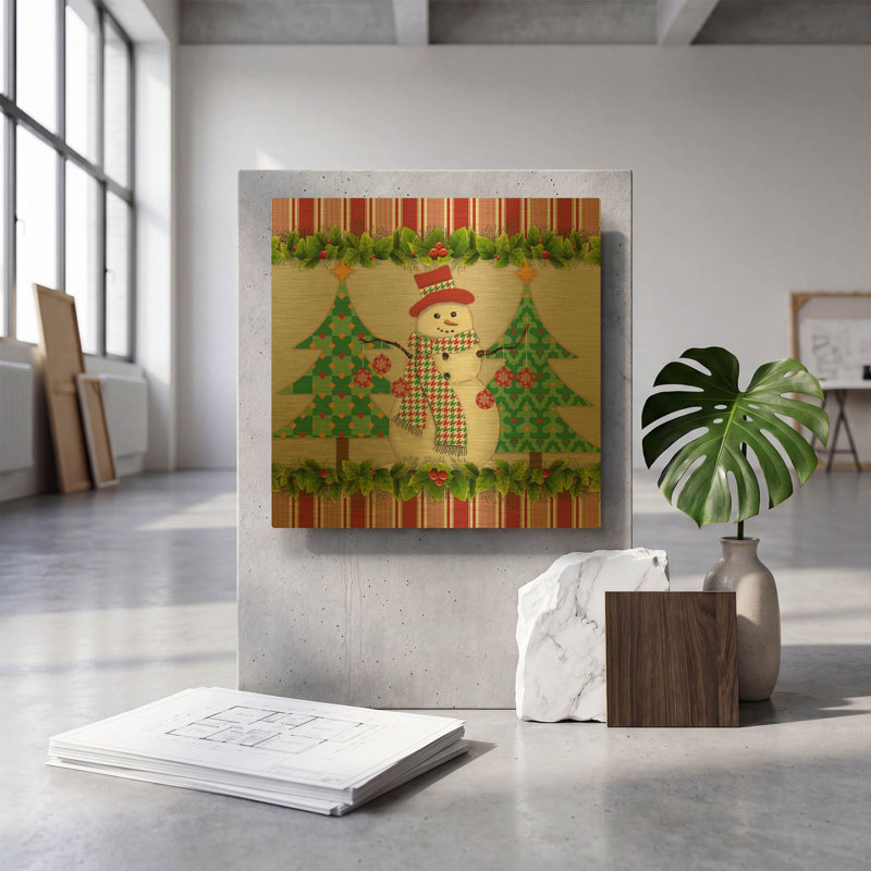 «Houndstooth Snowman» par Jean Plout, art mural en métal doré, 12 po x 12 po, 12"x12"