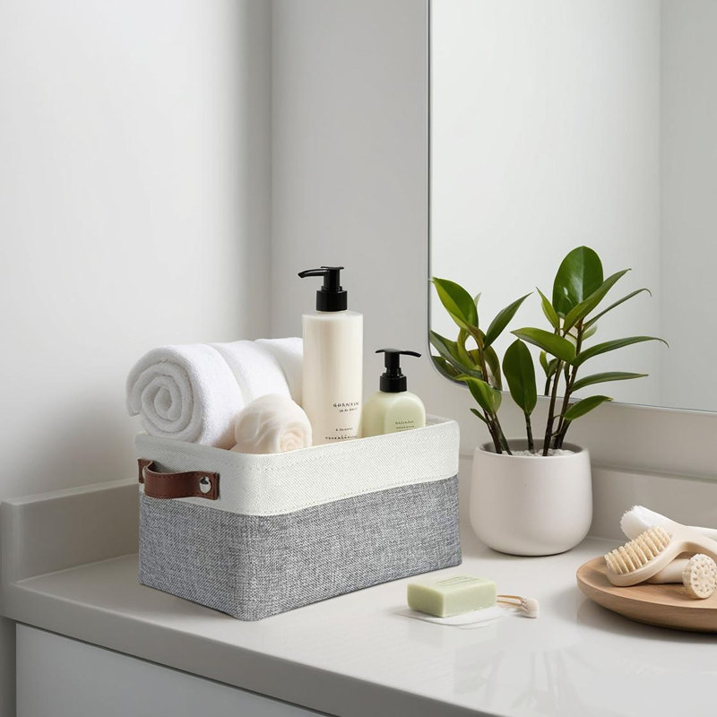 Decomomo Foldable Storage Bin | Collapsible Sturdy Cationic Fabric Storage Basket Cube W/Handles, Gray/White