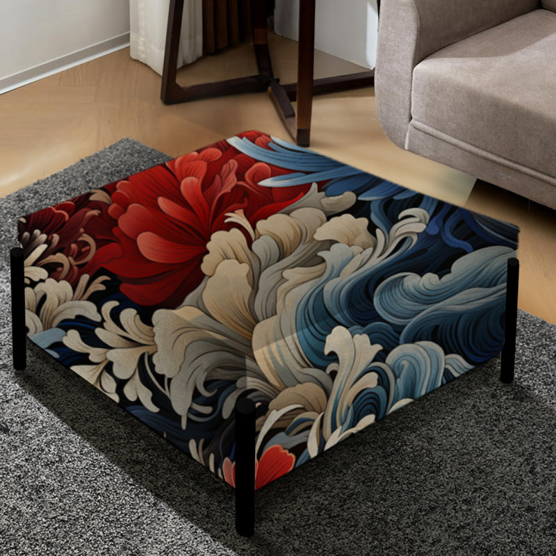 Woodblock Impressions - Grand repose-pieds carré à motif floral oriental