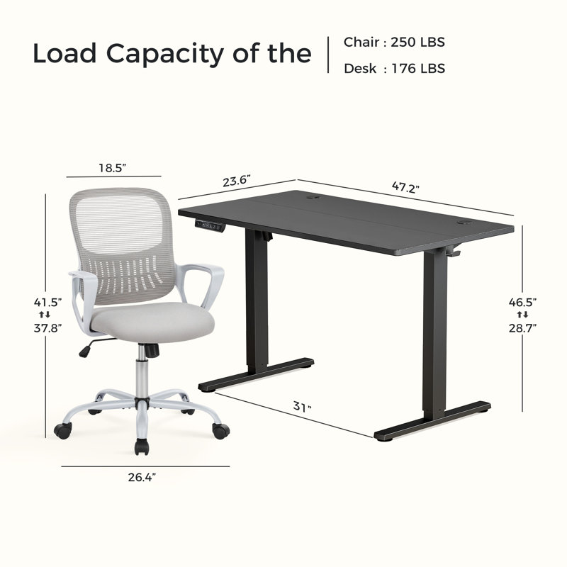 Ensemble de bureau et de chaise Modern Home Office, bureau debout réglable et chaise en filet ergonomique pour un confort maximal