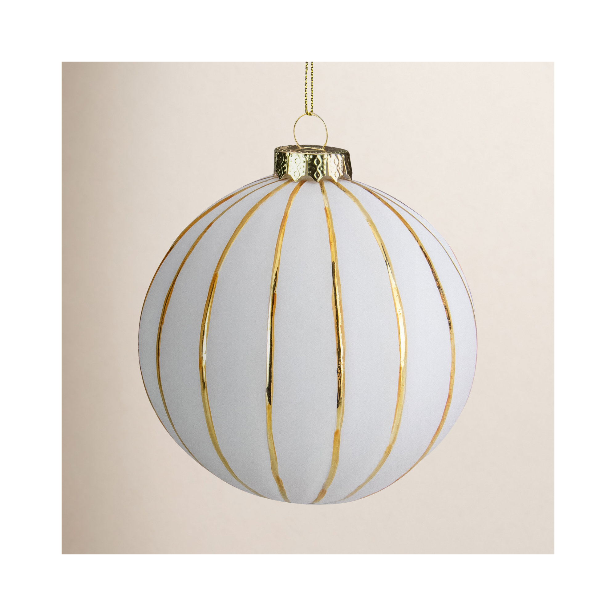 4" Glittered White and Gold Striped Glass Christmas Ball Ornament