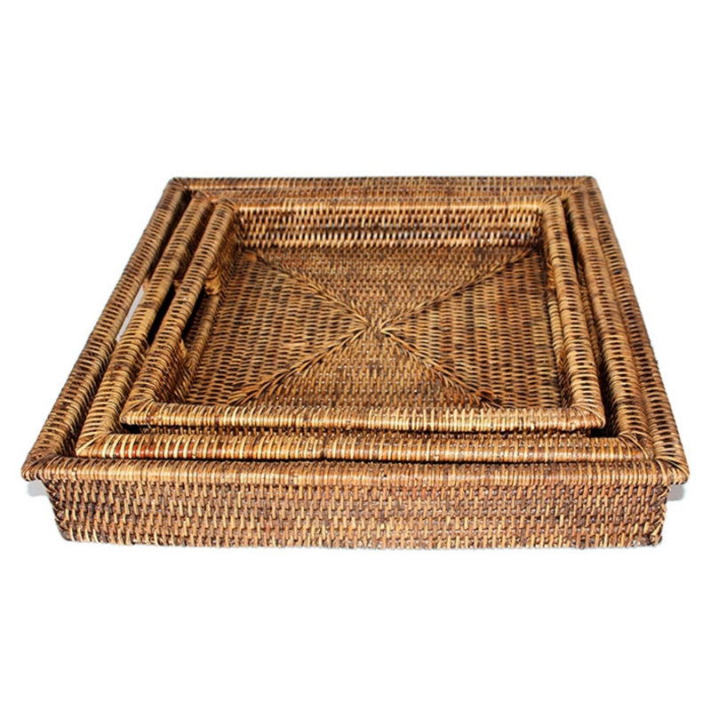 Ensemble de 3 plateaux carrés avec poignées, Brun antique