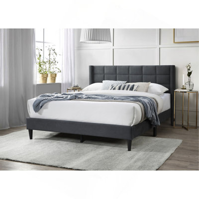 Elegant Modern Charcoal Brushed Linen 1Pc Queen Size Bed Upholstered Box Design Headboard Bedframe