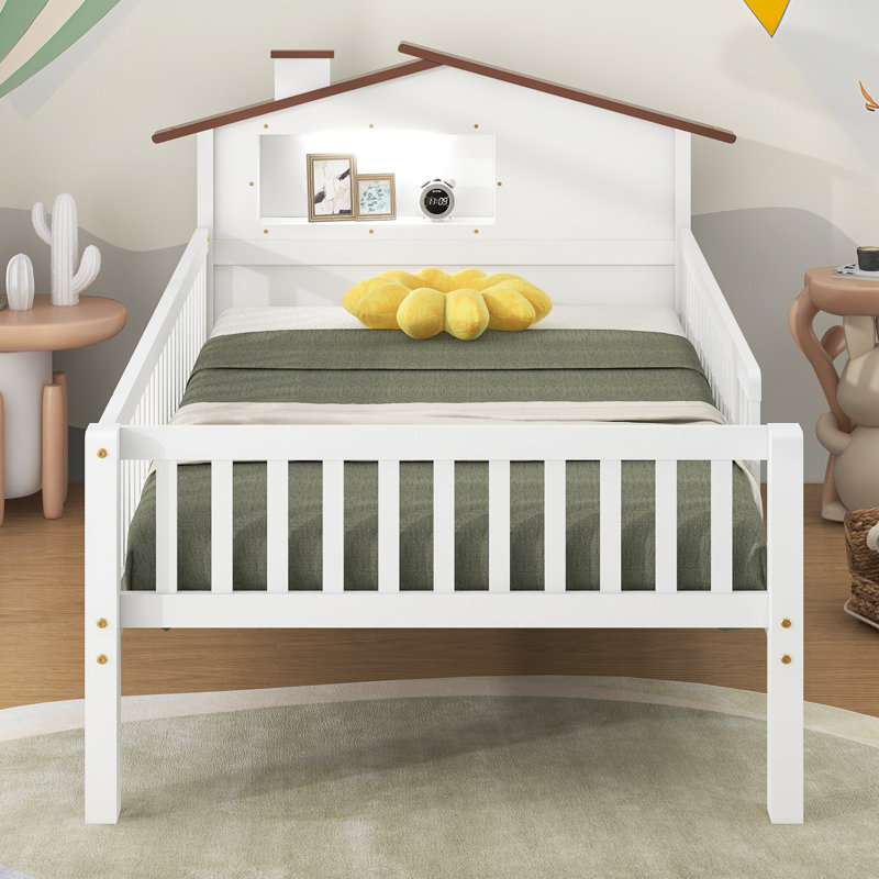 Lit plateforme en bois avec tête de lit en forme de maison, rangement à DEL et rangement intégré, Simple, Blanc