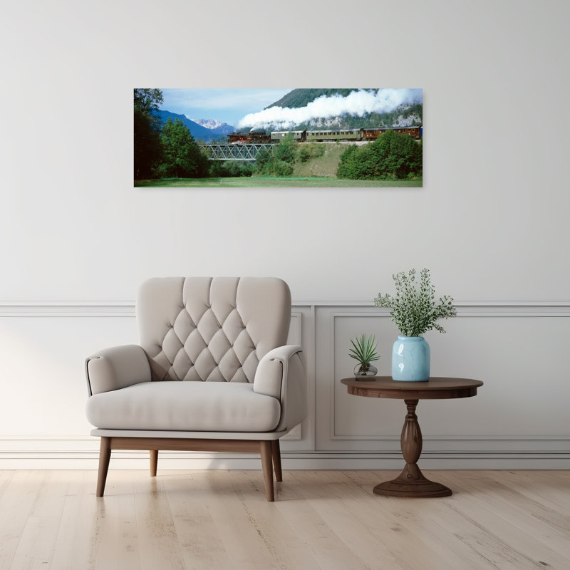 Train sur un pont, Bohinjska Bistrica, art abstrait de paysage forestier contemporain slovène, H 12 po x l 36 po