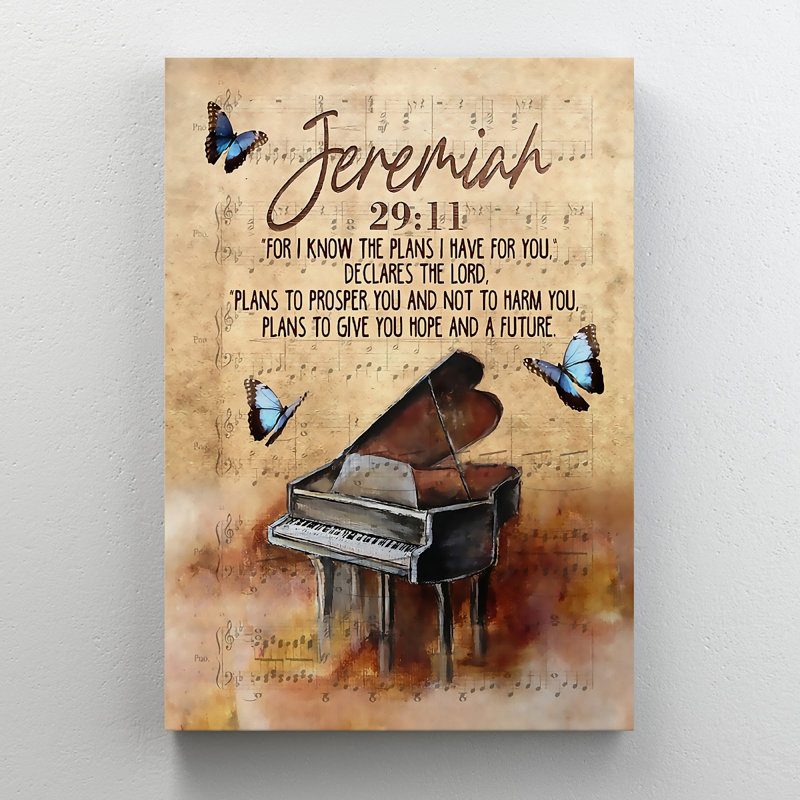 «Butterflies Flying Around The Piano», art textuel sur toile tendue, H 14 po x l 11 po x P 2 po