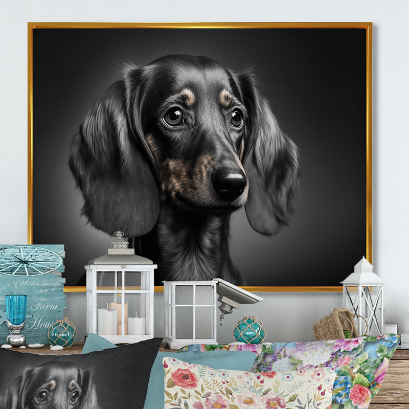 «Mondarius Portrait of a Black Glam Dachshund X», reproduction sur toile, L 40 po x H 30 po, Toile avec cadre flottant or