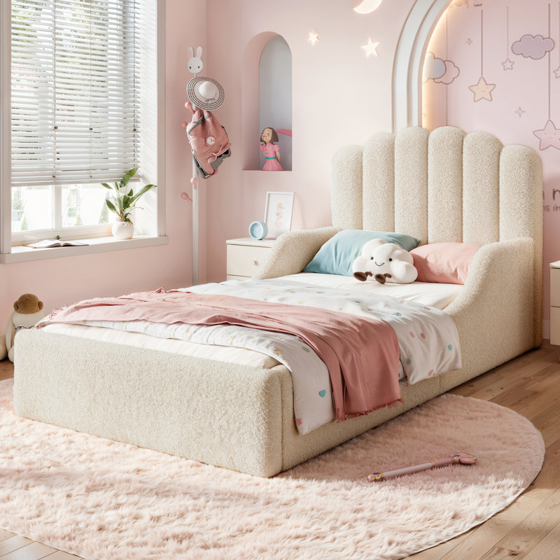 Lit de sol pour enfants Cloudnest Plush Teddy avec tête de lit festonnée, Twin, Beige