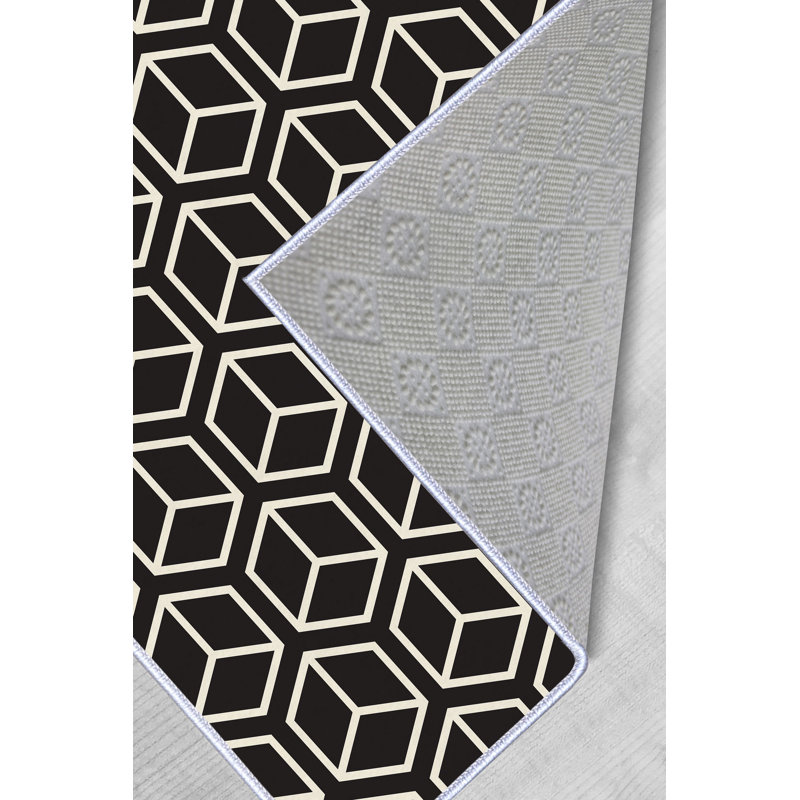 Tapis géométrique en polyester tissé à la machine en noir et blanc, Rectangle 1 pi 8 po x 2 pi 7 po